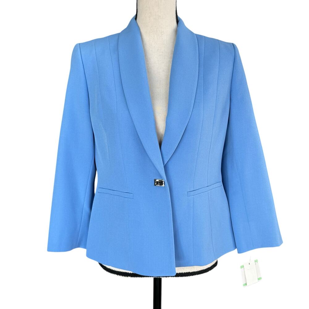 Kasper Petite SZ 8P Jacket Blazer 3/4 Sleeve Collared Lined Toggle Closure Blue